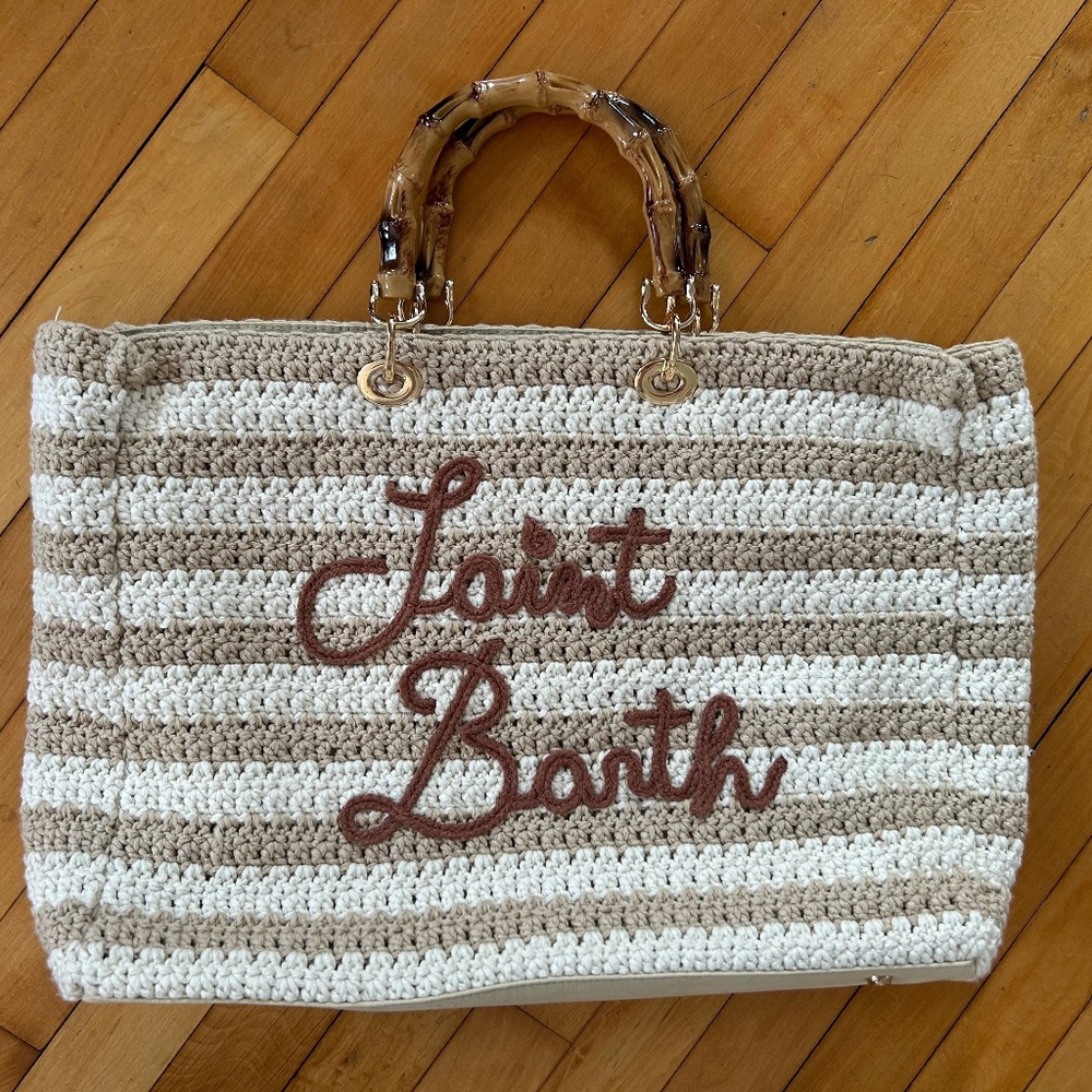 New MC2 Saint Barth Victoria Beige Tote Raffia look for beach w/Bamboo Handles